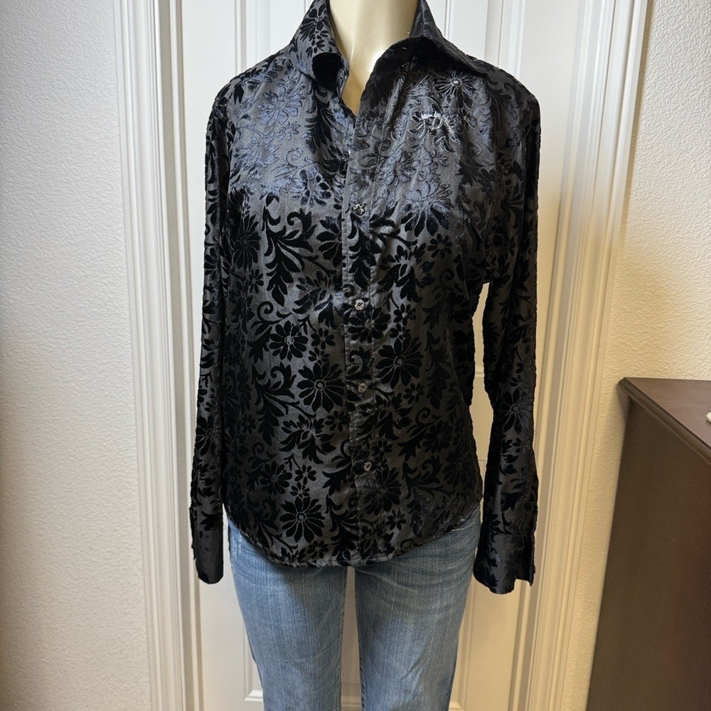 DEUS Y2K Shirt,‎ Velvet Flocked Baroque Floral, Embroidered, Rhinestone Buttons